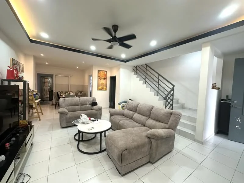Living features: L-shape sectional sofa in beige, round coffee table, wall-mounted TV, TV console, 5-blade ceiling fan with light, recessed downlights, white painted walls, tile flooring, decorative artwork on walls, open layout to dining area, staircase leading to upper floor; style: modern. Dining features: dining table with chairs, white walls, tile flooring, open layout to living area; style: modern.