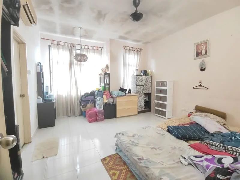 Bedroom features: white painted walls, tiled flooring, ceiling fan, large window with sheer curtains, queen-size bed with bedding, wooden dresser, plastic storage boxes, white shelving unit, area rug with geometric pattern.