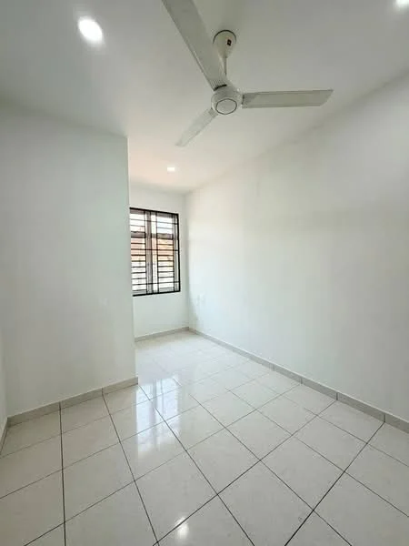 Room features: white painted walls, glossy ceramic tile flooring, ceiling fan, window with grille, natural light from window, neutral color scheme, no visible furniture, minimalist design; style: modern.