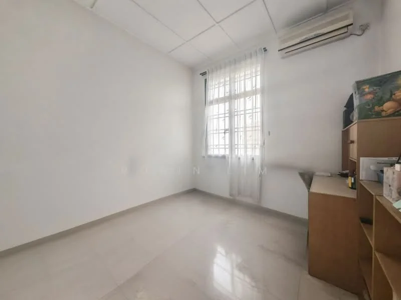Room features: white painted walls, tile flooring, window with sheer curtains, 1 wall-mounted split AC, built-in wooden cabinet, natural light from window.