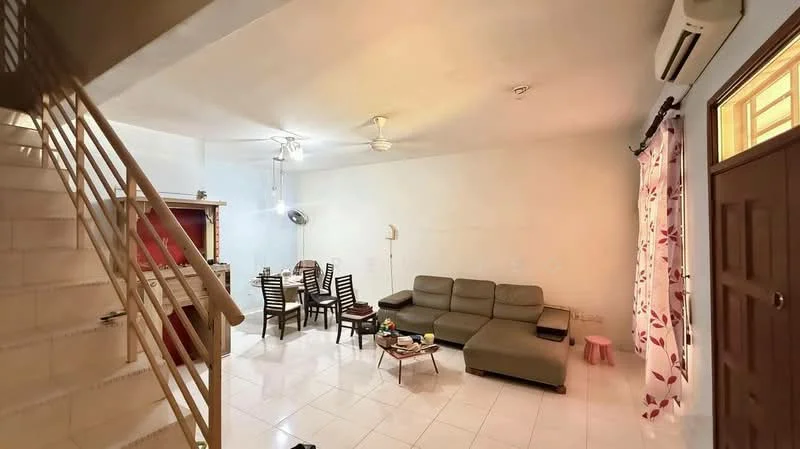 Living features: L-shape sectional sofa in grey, coffee table, dining table with six chairs, ceiling fan, wall-mounted air conditioning unit, white tiled flooring, light blue painted walls, curtains with floral pattern, decorative wall with shelf, staircase leading to upper floor; style: modern.