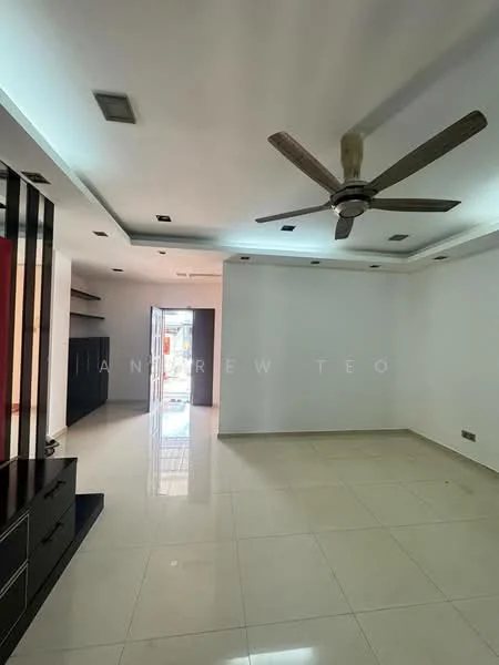 Living features: white painted walls, polished ceramic tile flooring, 5-blade ceiling fan, recessed downlights, built-in shelving unit, open layout, sliding glass door, natural light from windows; style: modern.