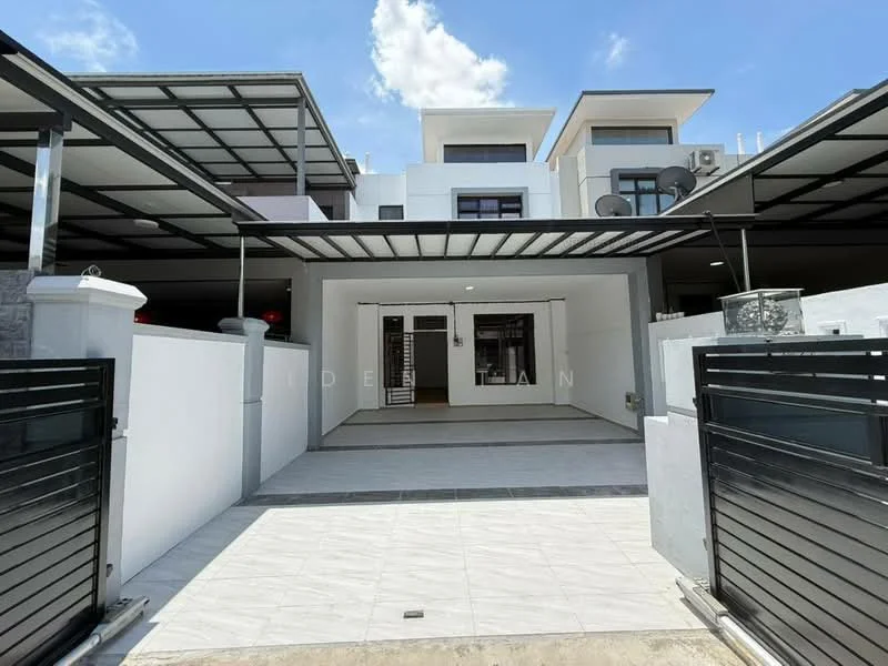 Exterior type: linked terrace house; features: white painted facade, flat roof, approximately 2-storey, manicured lawn, paved driveway, covered car porch, security gate, outdoor lighting, visible air conditioning units, modern architectural design; style: modern.