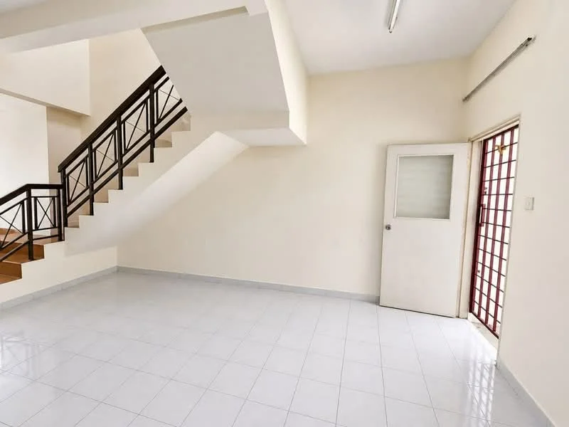 Room features: white painted walls, glossy white tile flooring, staircase with wooden handrail, single door with glass panel, sliding door with grid pattern, ceiling lights, open layout, no visible furniture; style: minimalist.