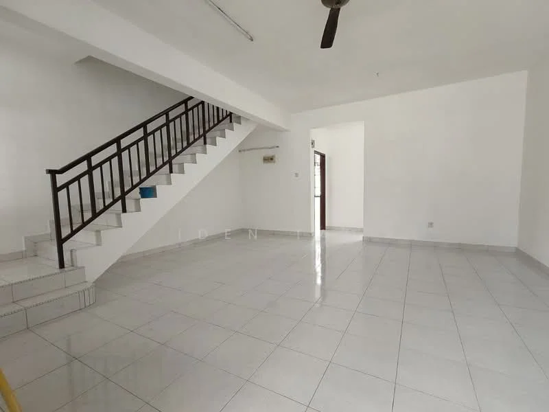 Living features: white painted walls, glossy ceramic tile flooring, ceiling fan, staircase with metal railing, large windows for natural light, open layout, neutral color scheme, no visible furniture; style: modern.
