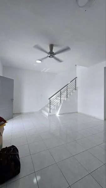 Room features: white painted walls, glossy ceramic tile flooring, 5-blade ceiling fan, recessed downlights, staircase with metal railing, large window allowing natural light, open layout, no visible furniture; style: modern.