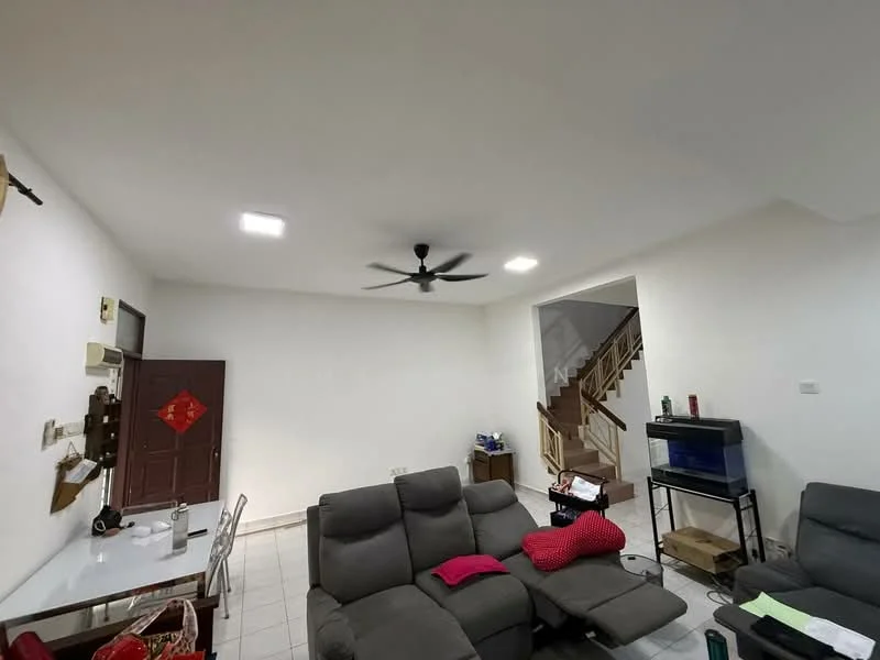 Living features: grey fabric sectional sofa, red decorative cushion, coffee table, wall-mounted TV, ceiling fan with light, white painted walls, tile flooring, recessed LED downlights, staircase in background, dining table with chairs, decorative wall art; style: modern.