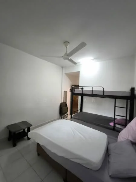 Bedroom features: bunk bed with black frame, queen-size bed with white bedding, white painted walls, ceiling fan, tile flooring, small black side table, light fixture on ceiling, doorway leading to another room.