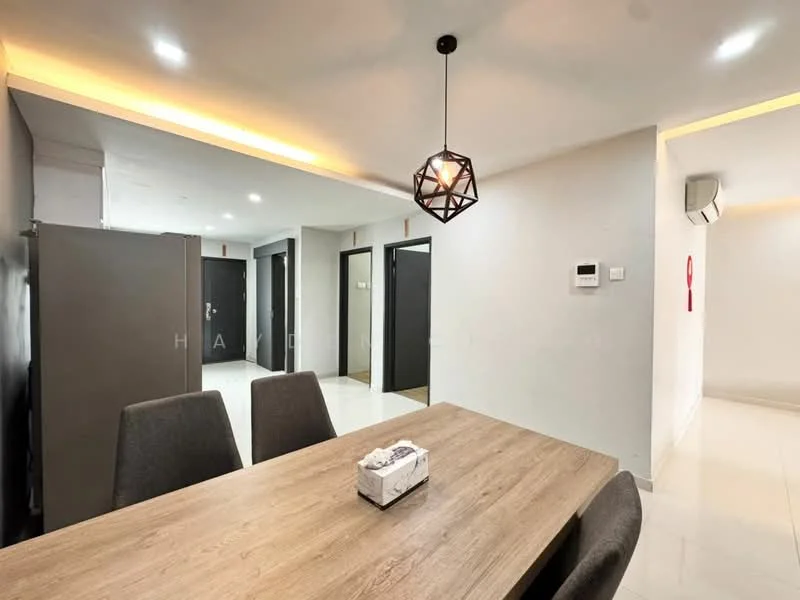 Dining features: wood dining table, 4 upholstered dining chairs, pendant light fixture, white walls, recessed lighting, glossy tile flooring, air conditioning unit, open layout to living area; style: modern. Room features: black doors, grey cabinets, white walls, recessed lighting.