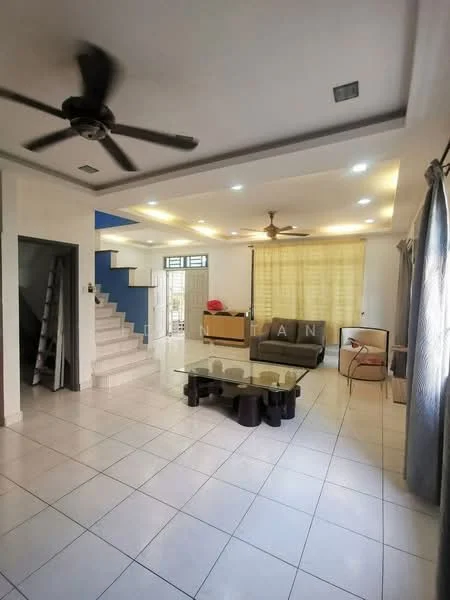 Living features: white painted walls, tile flooring, 5-blade ceiling fan, recessed downlights, large windows with sheer curtains, sofa in brown, glass coffee table, TV console, staircase leading to upper floor, decorative wall with blue accent, area rug; style: modern.