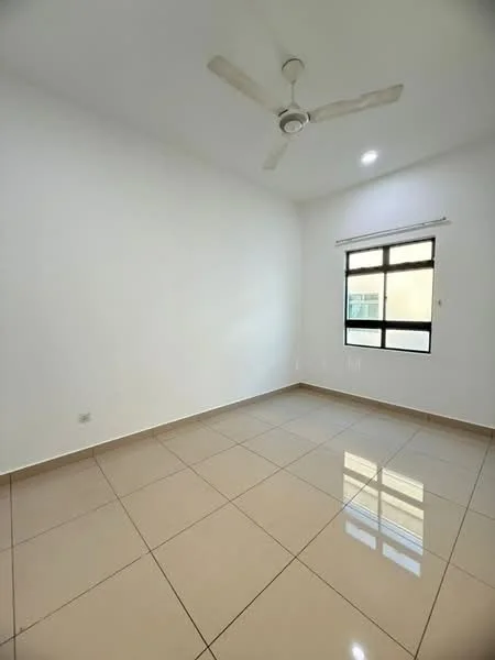Room features: white painted walls, glossy ceramic tile flooring, ceiling fan, window with black frame, natural light from window, neutral color scheme, no visible furniture, smooth ceiling; style: modern.