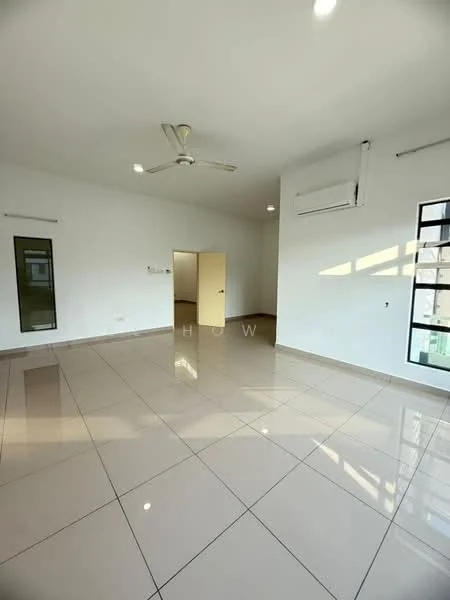 Room features: white painted walls, glossy ceramic tile flooring, 5-blade ceiling fan, 2 wall-mounted split AC units, large windows with black frames, door leading to another room, natural light from windows, neutral color scheme; style: modern.