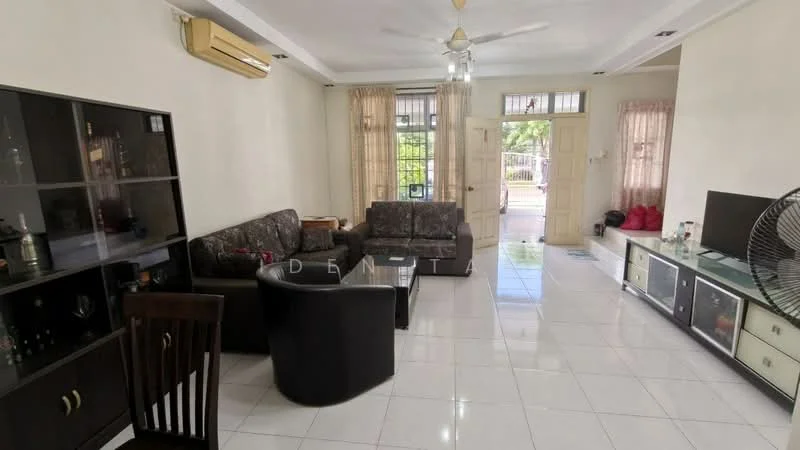 Living features: white painted walls, glossy ceramic tile flooring, 5-blade ceiling fan with light, sofa set in dark fabric, coffee table, TV console with storage, wall-mounted TV, large windows with sheer curtains, decorative wall unit, natural light from windows, door leading to outdoor area; style: modern; view: garden.