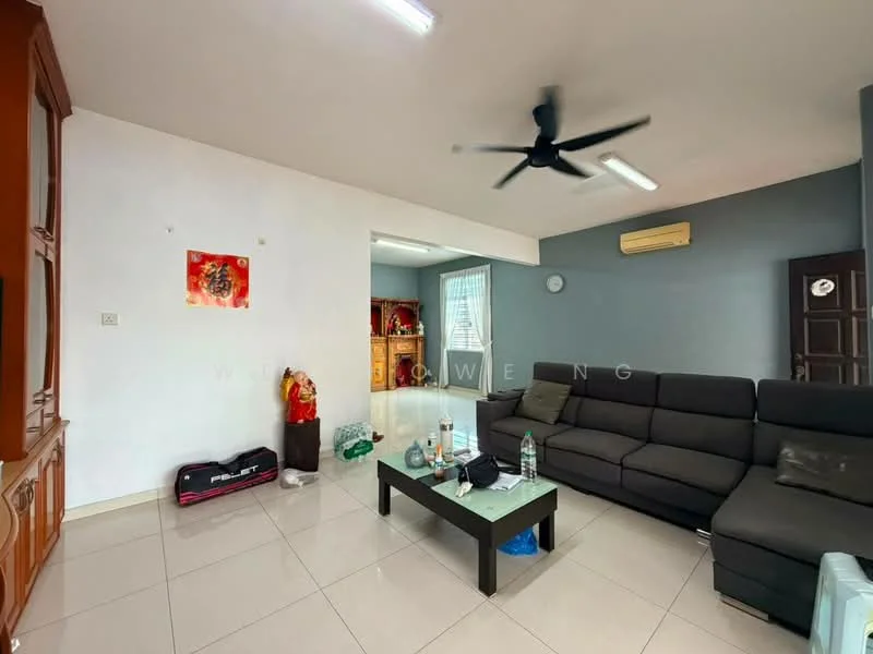 Living features: black fabric sectional sofa, coffee table, wall-mounted TV, wooden display cabinet, white painted walls, grey accent wall, tile flooring, ceiling fan with light, window with sheer curtains, decorative wall art, air conditioning unit; style: modern.