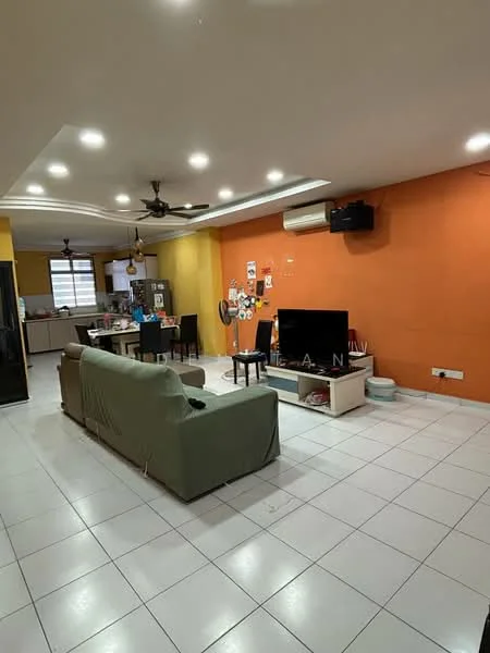 Living features: white tiled flooring, orange accent wall, cream painted walls, recessed downlights, 5-blade ceiling fan, wall-mounted TV, TV console, sofa in light green fabric, dining table with chairs, air conditioning unit, decorative wall art, open layout to kitchen; style: modern.