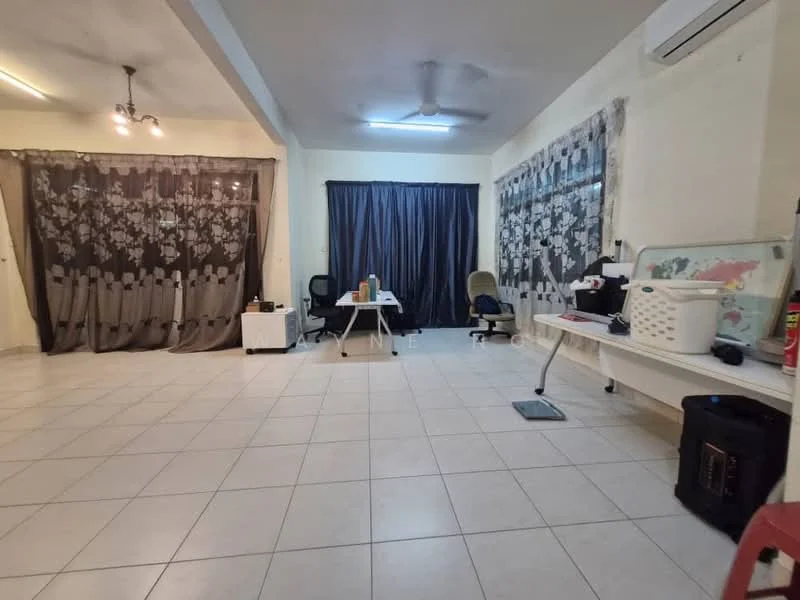 Living features: white painted walls, ceramic tile flooring, ceiling fan, recessed lighting, large windows with sheer curtains, dark curtains with floral pattern, white console table, black speaker, office chair, plastic storage bin, decorative items on table.