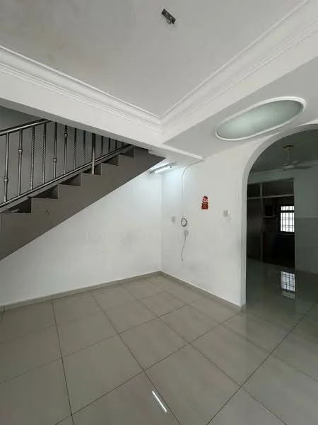 Room features: white painted walls, glossy ceramic tile flooring, tray ceiling, recessed lighting, staircase with metal railing, arched doorway, wall-mounted electrical outlet, ceiling fan; style: modern.