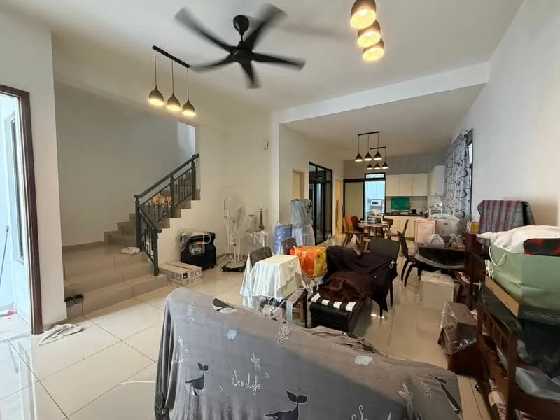 Living features: 5-blade ceiling fan with light, pendant lighting, white walls, glossy tile flooring, sofa covered with fabric, coffee table, dining table, staircase with metal railing, open layout to kitchen, decorative items on furniture, multiple chairs, kitchen visible in background; style: modern.