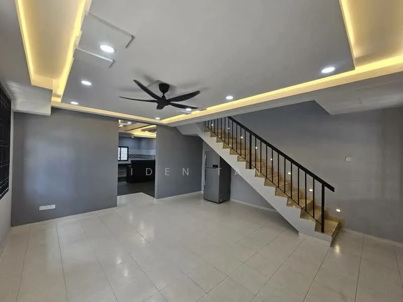 Living features: grey painted walls, white ceiling with recessed lighting, 5-blade ceiling fan with light, tile flooring, staircase with wooden steps and black railing, large window with black grille, open layout, integrated lighting along the ceiling; style: modern. Kitchen features: black cabinetry, stainless-steel fridge, countertop with sink, wall-mounted cabinets, tile backsplash, open to living area; style: modern.