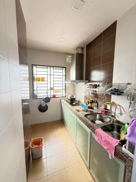 Kitchen features: granite countertop, double-bowl stainless-steel sink, chrome pull-down faucet, kitchen cabinets with glass fronts, wall-mounted shelves, stainless-steel gas stove, exhaust hood, tile backsplash, floor tiles, window with metal grilles, hanging pots, kitchen towels, trash bin, cleaning supplies; style: modern; view: city.