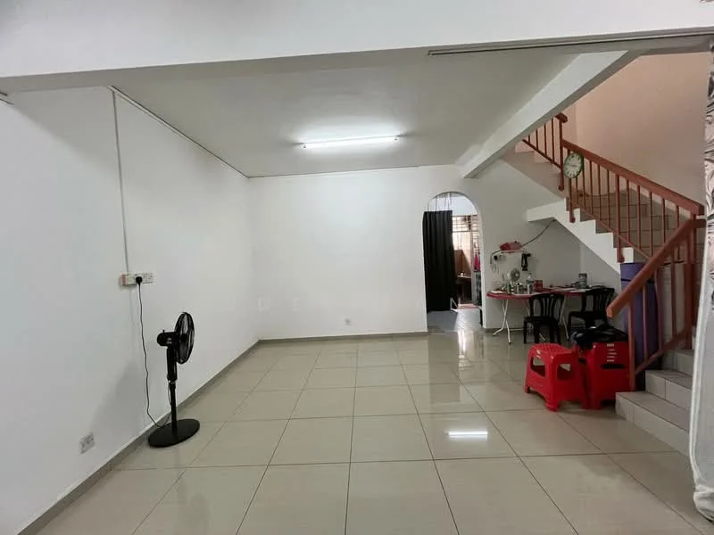 Room features: white painted walls, glossy ceramic tile flooring, ceiling lights, staircase with wooden railing, fan, open layout, dining area visible in background, red plastic stools; style: modern.