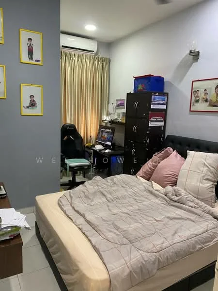 Bedroom features: queen-size bed with beige bedding, upholstered headboard, two pink decorative pillows, wooden bedside table, desk with computer setup, black office chair, black storage cabinet, framed artwork on walls, curtains in light beige, wall-mounted air conditioning unit, white tiled flooring, wall-mounted light fixture; style: modern.