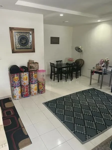 Living features: white painted walls, ceramic tile flooring, recessed downlights, area rug with geometric pattern, wooden dining table with four chairs, wall-mounted decorative artwork, floor fan, decorative storage containers, small side table, decorative flowers; style: modern.