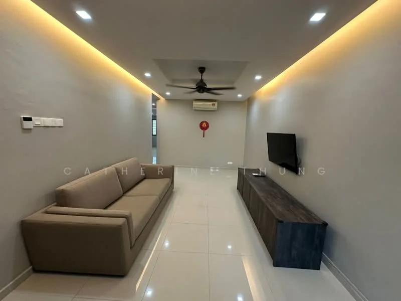 Living features: 3-seater fabric sofa in beige, wall-mounted TV, TV console in dark wood, white painted walls, recessed LED downlights, ceiling fan, glossy tile flooring, air conditioning unit, decorative wall art, crown moulding, LED strip lighting along the ceiling; style: modern.