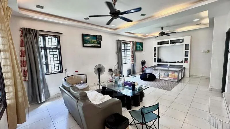 Living features: cream painted walls, white ceiling with recessed lighting, tile flooring, 5-blade ceiling fan, 2 wall-mounted fans, large windows with black frames, TV console with wall-mounted TV, coffee table, sofa in beige, area rug with geometric pattern, decorative items on the coffee table, small folding chair; style: modern.
