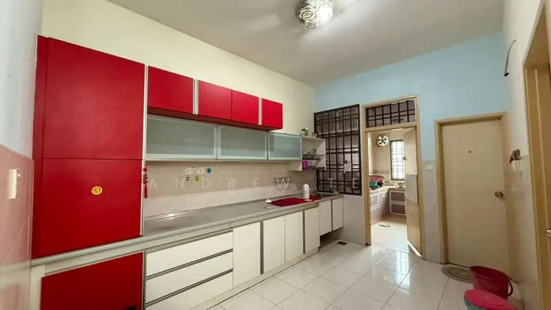 Kitchen features: red upper cabinets, white lower cabinets, grey countertop, single-bowl stainless-steel sink, chrome pull-down faucet, ceramic tile flooring, wall-mounted light fixture, open shelving, window with grid pattern, doorway leading to another room; style: modern.
