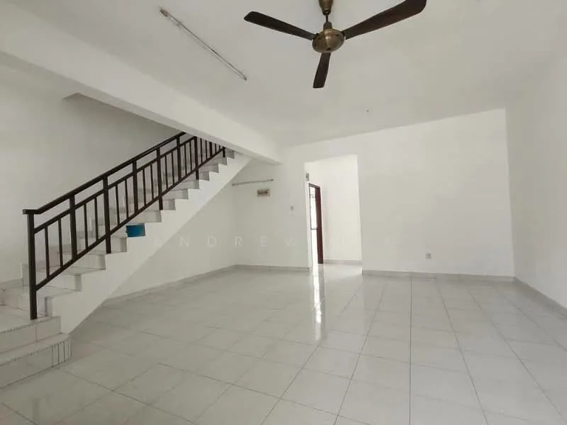 Room features: white painted walls, glossy ceramic tile flooring, 5-blade ceiling fan, staircase with metal railing, large windows for natural light, open layout, no visible furniture, neutral color scheme; style: modern.