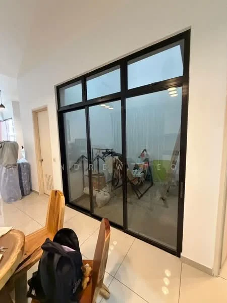 Room features: glass sliding door, white walls, tile flooring, natural light from large windows, minimalist decor, furniture visible in background, curtains, wooden dining table, wooden chairs; style: modern.
