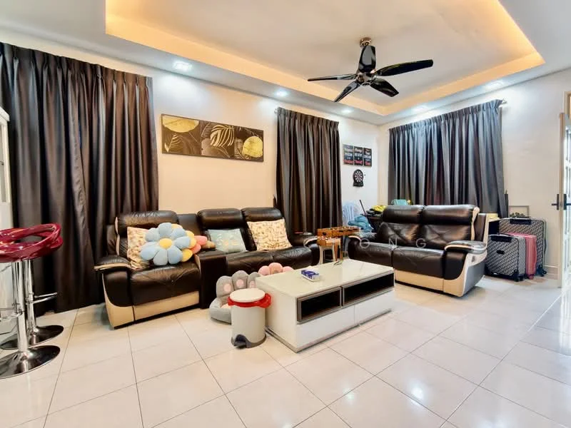 Living features: 3-seater leather sofa in black, 2-seater leather sofa in black, ceiling fan with light, recessed downlights, white walls, cream tiled flooring, decorative wall art, floor-to-ceiling curtains in dark grey, coffee table with glass top, decorative cushions, storage boxes, area rug; style: modern.