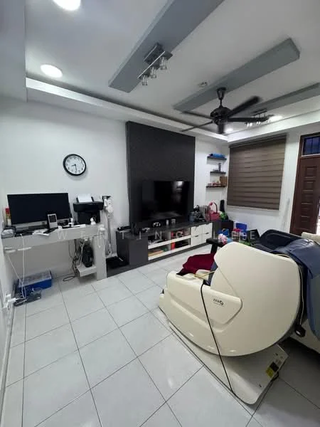 Living features: white painted walls, grey accent wall, recessed downlights, 5-blade ceiling fan, tile flooring, wall-mounted TV, TV console, clock on wall, computer desk, massage chair, window with blinds, shelves with decorative items; style: modern.