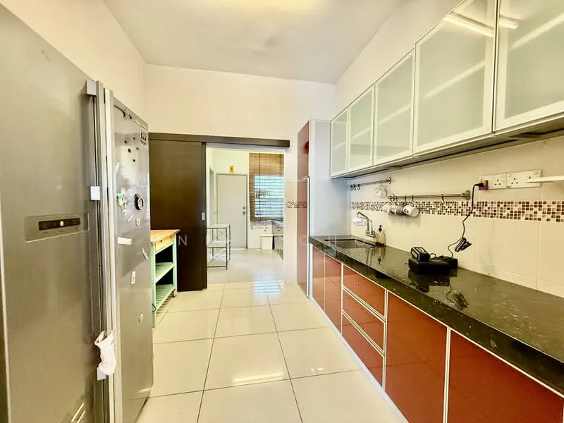 Kitchen features: stainless-steel fridge, dark granite countertop, red cabinetry with flat-panel design, white upper cabinets with glass fronts, ceramic tile flooring, mosaic tile backsplash, built-in oven, kitchen island, under-cabinet lighting, single-bowl stainless-steel sink, chrome pull-down faucet; style: modern.