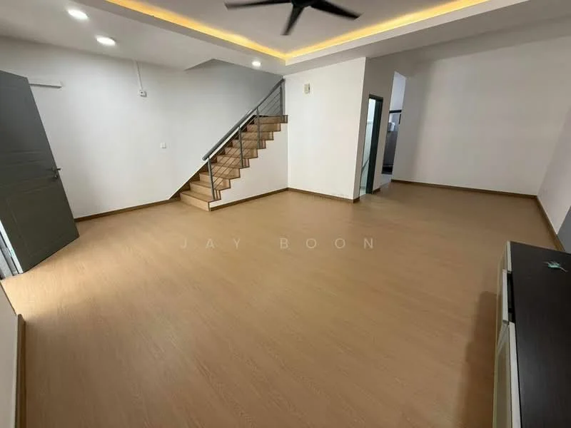 Room features: laminate flooring, white painted walls, ceiling with recessed lighting, 5-blade ceiling fan, staircase with wooden steps, open layout, large windows, neutral color scheme; style: modern.