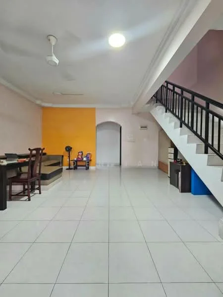 Room features: white painted walls, orange accent wall, ceramic tile flooring, ceiling fan, staircase, arched doorway, dining table, wooden chairs, floor lamp; style: modern.