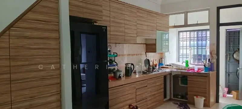 Kitchen features: wooden cabinetry with a light brown finish, white tiled backsplash, stainless-steel sink, chrome pull-down faucet, built-in oven, freestanding range oven, microwave, countertop with space for appliances, open shelving, window with natural light, tile flooring, kitchen island with seating area; style: modern.