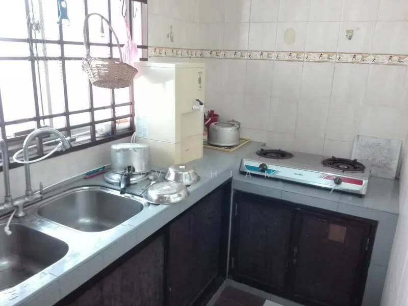Kitchen features: double-bowl stainless-steel sink, chrome pull-down faucet, grey laminate countertop, wood cabinetry with dark finish, gas stove with two burners, kettle, water dispenser, tile backsplash, window with metal grille, light-colored wall tiles, grey floor tiles; style: functional.