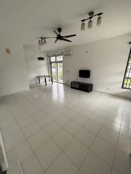 Living features: white painted walls, tile flooring, 5-blade ceiling fan, recessed downlights, wall-mounted TV, sliding glass door, floor-to-ceiling windows, air conditioning unit, dining table, open layout; style: modern; view: garden.