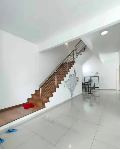 Room features: white painted walls, polished ceramic tile flooring, wooden staircase with metal railing, recessed ceiling lights, open space layout, dining table with chairs, decorative wall art, sliding door, floor-to-ceiling windows; style: modern.