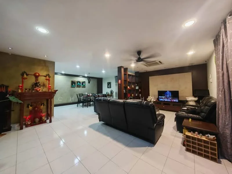 Living features: black leather sectional sofa, 3-seater sofa, white tiled flooring, recessed ceiling lights, ceiling fan, wall-mounted TV, entertainment unit, decorative fireplace, decorative wall art, dining area visible in background, large windows with curtains, neutral wall color, open layout; style: modern.