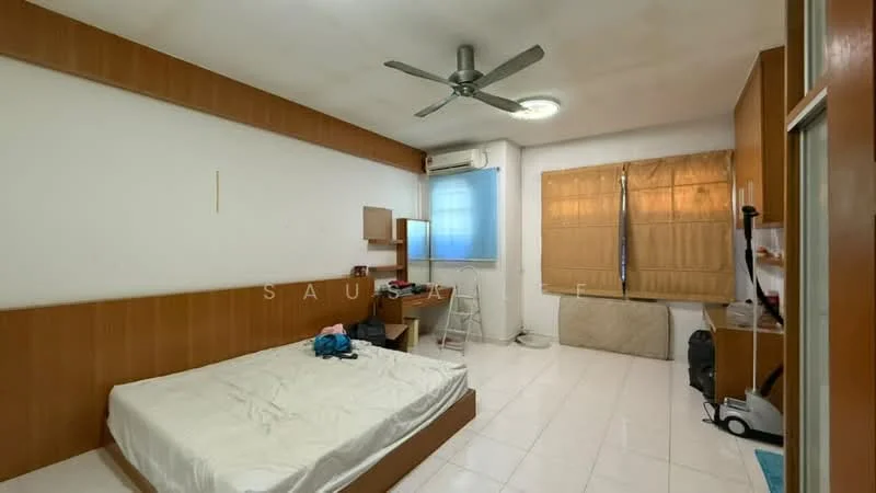 Bedroom features: queen-size bed with white bedding, wooden headboard, 2 bedside tables, ceiling fan, built-in wardrobe with sliding doors, window with bamboo blinds, white tiled flooring, air conditioning unit, desk with chair, laundry basket, vacuum cleaner.