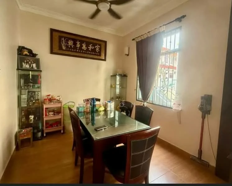 Dining features: glass dining table, 4 upholstered dining chairs, ceiling fan, wooden flooring, decorative wall art, glass display cabinet, window with metal grille, natural light from window; style: modern.