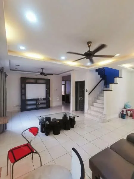 Living features: white painted walls, tile flooring, tray ceiling with recessed lighting, 2 ceiling fans, sofa in grey, coffee table, TV console, wall-mounted TV, decorative wall unit, staircase with blue accent wall, curtains, area rug; style: modern.