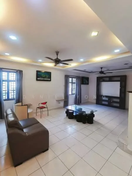 Living features: 3-seater leather sofa in brown, single chair in red, glass coffee table with black legs, wall-mounted TV, TV console with storage, ceiling with recessed lighting, 2 ceiling fans, white painted walls, tile flooring, large windows with sheer curtains; style: modern.