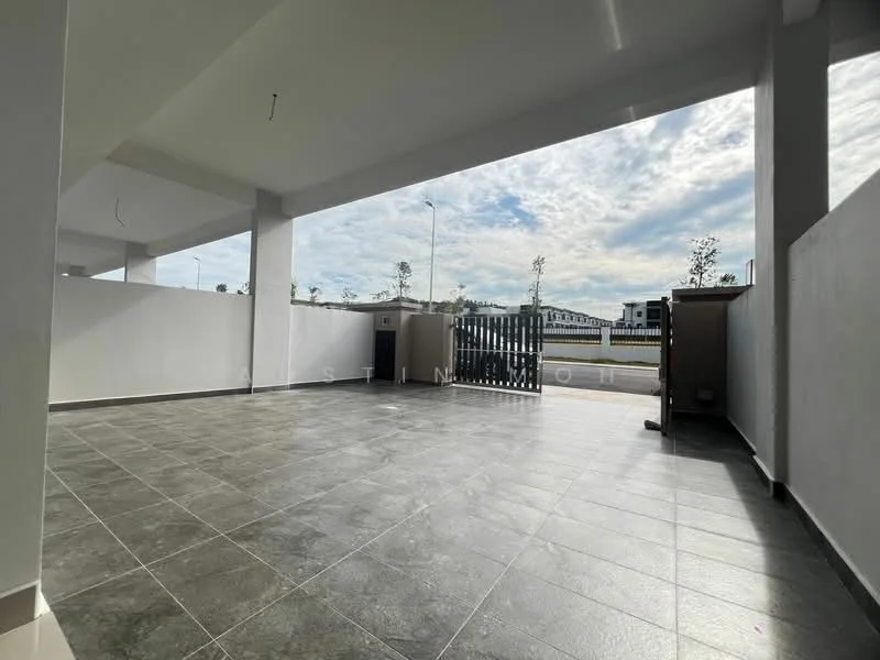 Exterior type: linked terrace house; features: grey tiled flooring, white painted walls, open space, fenced area, gate access, landscaped surroundings, cloudy sky view; style: modern.