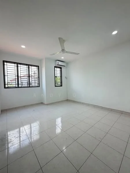 Room features: white painted walls, glossy ceramic tile flooring, 5-blade ceiling fan, 3 sliding windows with black grills, air conditioning unit on wall, neutral color scheme, no visible furniture or decor; style: minimalist; view: garden.
