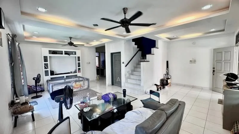 Living features: white painted walls, tile flooring, tray ceiling with recessed lighting, 2 ceiling fans, 3-seater fabric sofa in grey, coffee table, TV console, wall-mounted TV, area rug, decorative wall shelving, staircase leading to upper floor, open layout; style: modern.