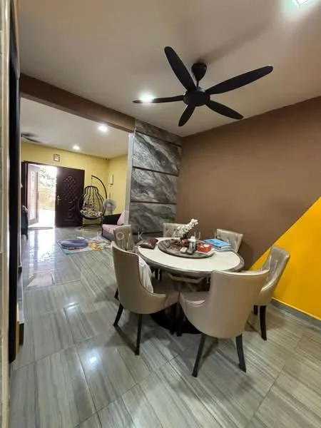Dining features: round dining table, 6 upholstered dining chairs, grey marble tabletop, black ceiling fan with 3 blades, brown accent wall, yellow accent wall, grey tiled flooring, decorative vase with flowers, wall-mounted artwork, recessed ceiling lights; style: modern. Room features: entrance door, hanging chair, visible living area, floor tiles.